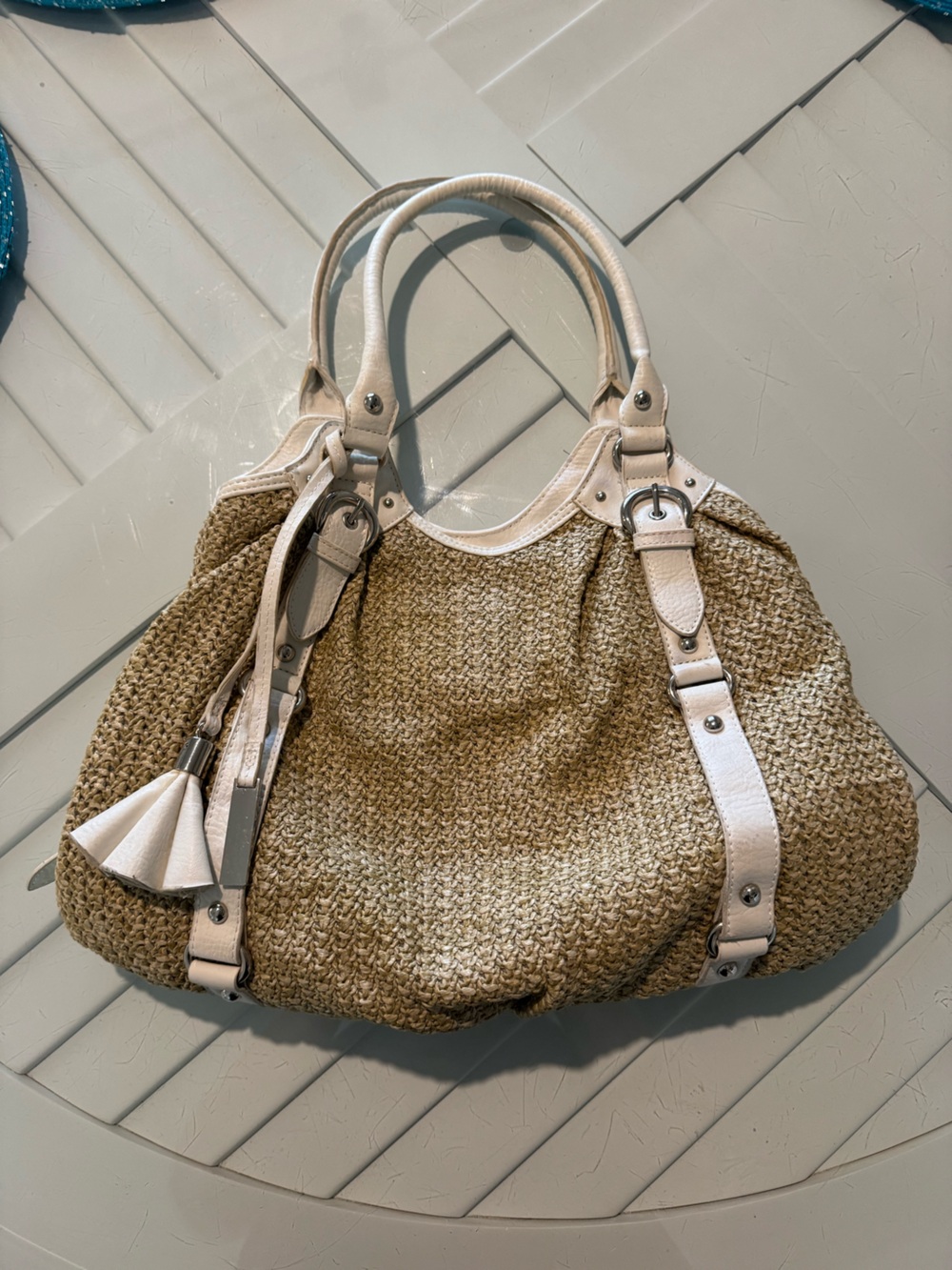 Poppie Jones Natural Straw Tote with White Trim and Tassel